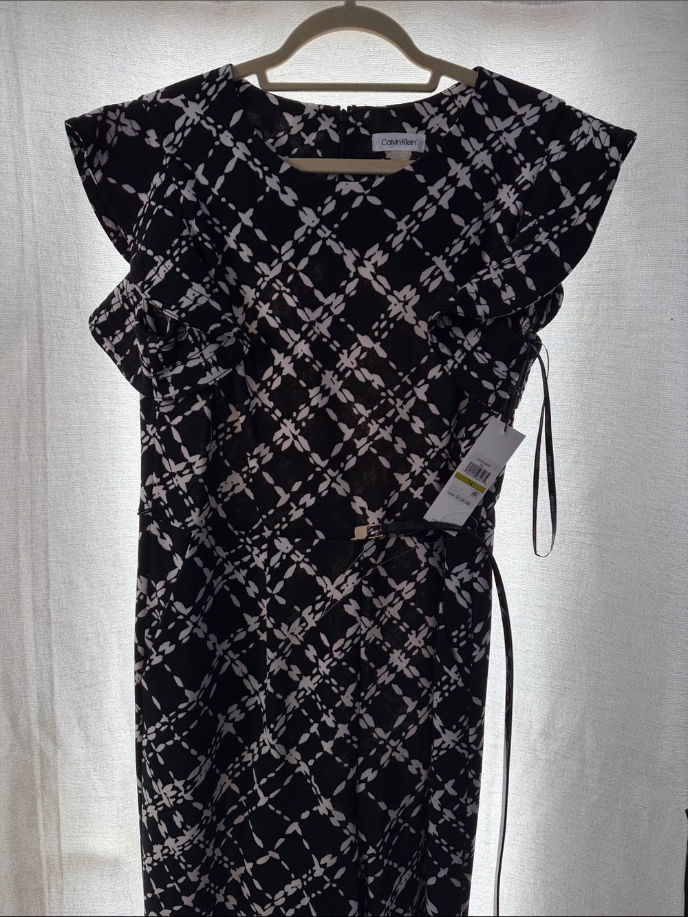 Calvin Klein Black and White Geometric Ruffle Sleeve Jumpsuit/Pantsuit